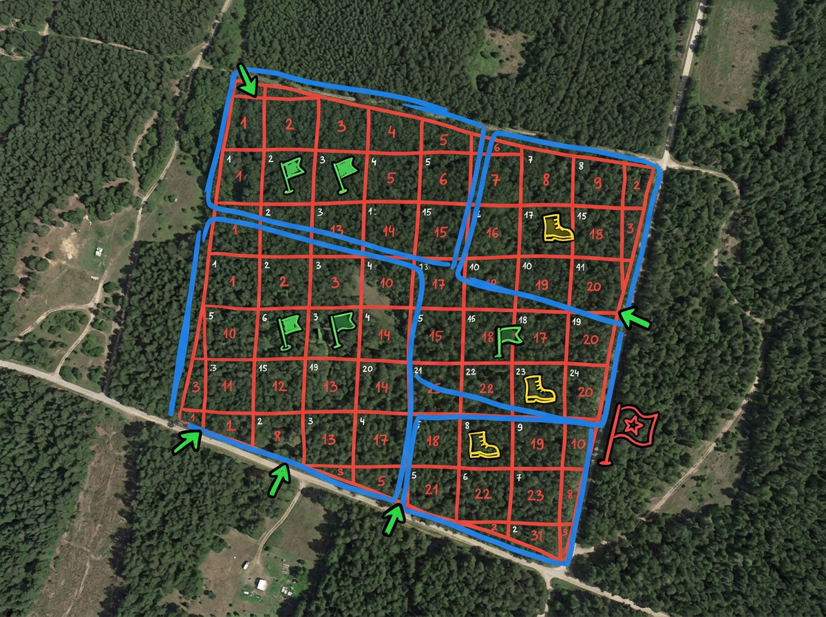 उपग्रह बेसमैप पर क्रमांकित ग्रिड खोज सेक्टरों में विभाजित एक जंगली क्षेत्र जिसमें असाइन की गई टीमें, प्रवेश बिंदु और एक कमांड पोस्ट चिह्नक हैं
